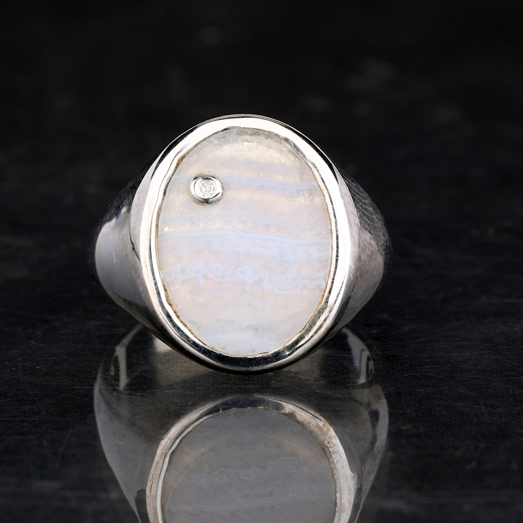 Blue Lace Agate Ring With Diamonds 1.68 Carats Sterling Silver