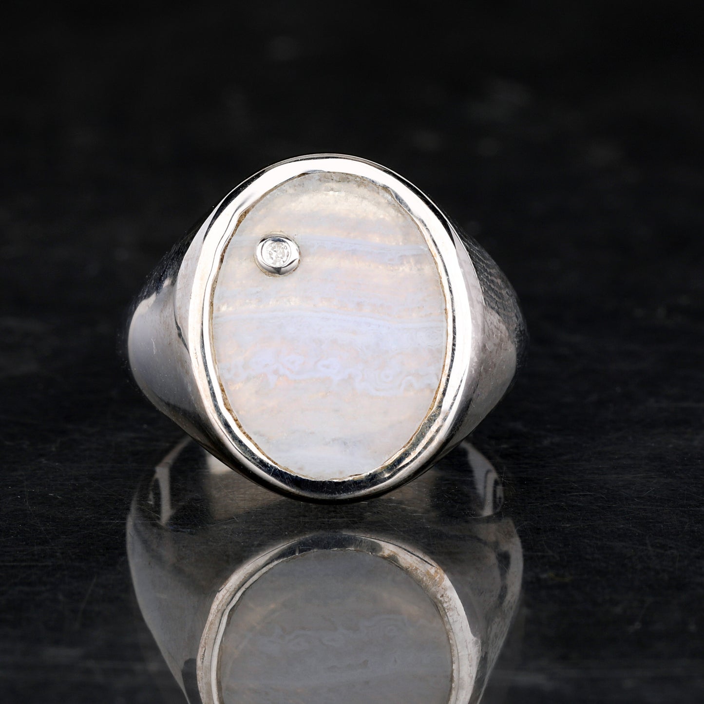 Blue Lace Agate Ring With Diamonds 1.68 Carats Sterling Silver