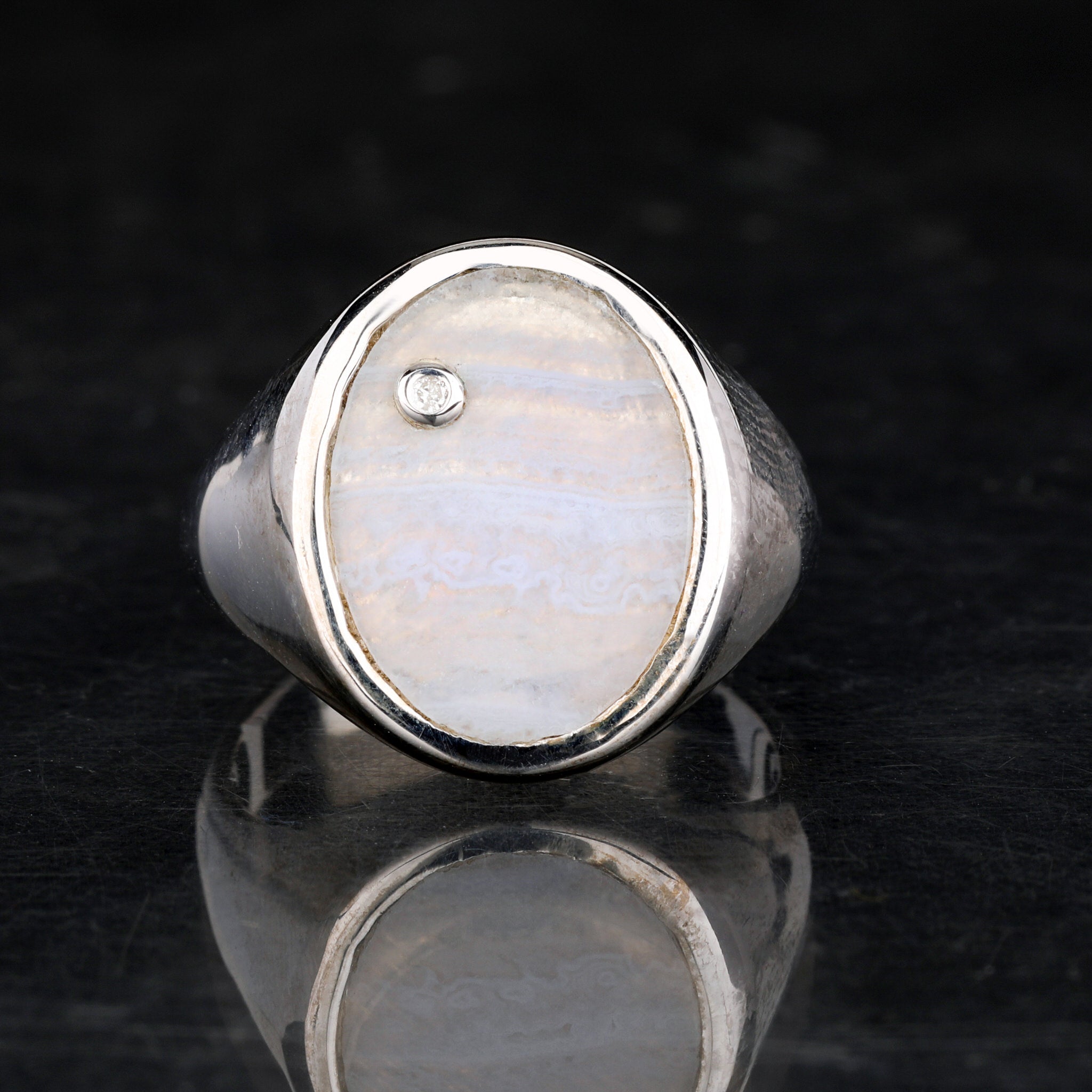 Blue Lace Agate Ring With Diamonds 1.68 Carats Sterling Silver