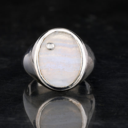 Blue Lace Agate Ring With Diamonds 1.68 Carats Sterling Silver
