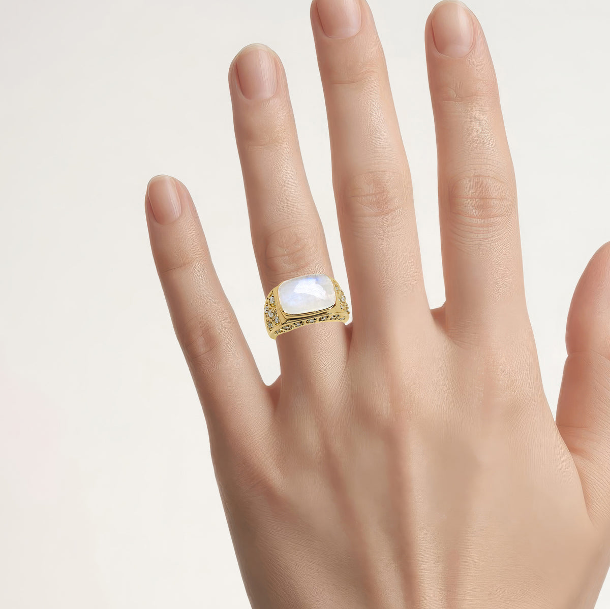 White Rainbow Moonstone Ring With White Topaz 8.02 Carats Gold Plated Silver