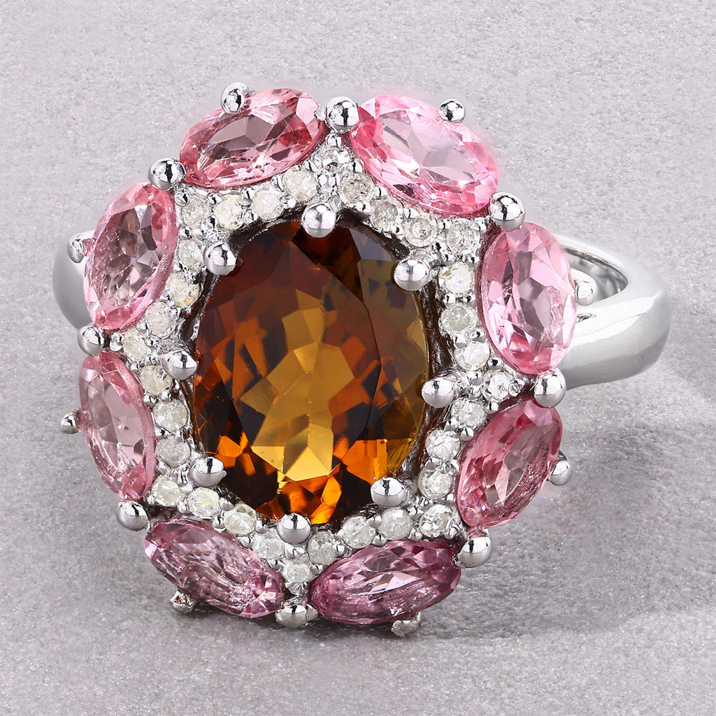 Multicolor Tourmaline Ring With Diamonds 4.18 Carats Sterling Silver