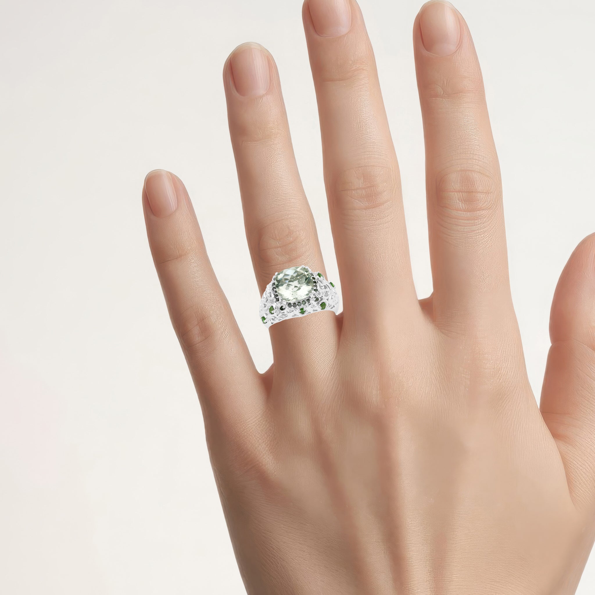 Green Amethyst Ring With Chrome Diopside 5.38 Carats Sterling Silver
