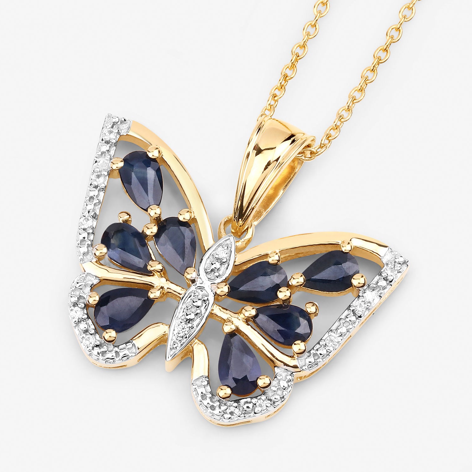 Blue Sapphire Butterfly Pendant With White Zircon 1.63 Carats Gold Plated Silver
