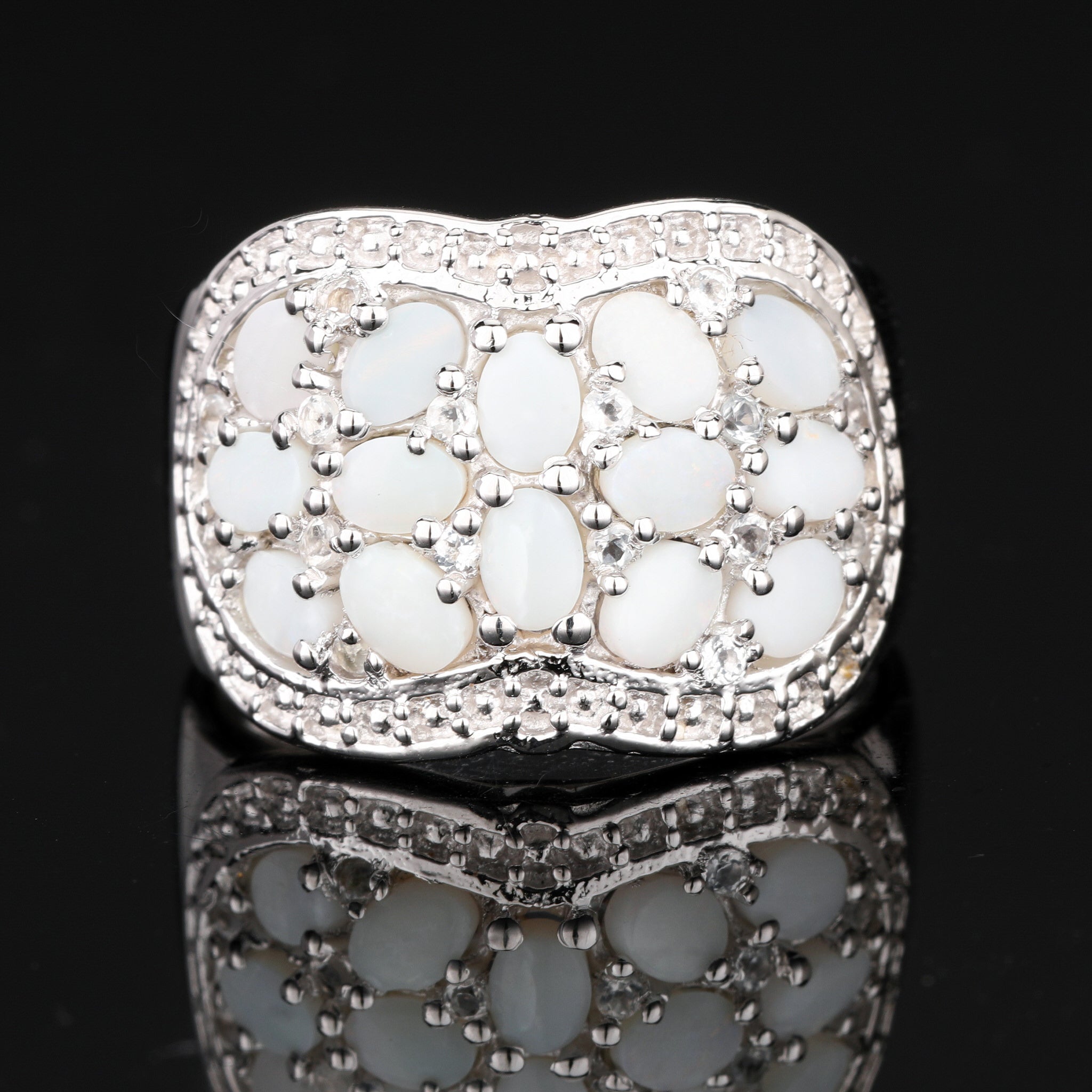 Natural Opal Ring With White Topaz 1.92 Carats Sterling Silver