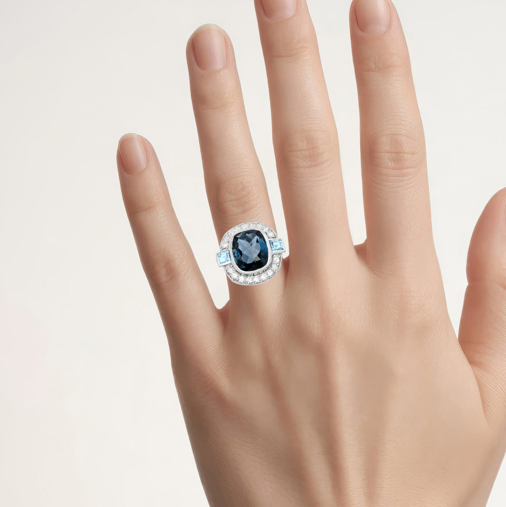 London Blue Topaz Ring With Diamonds 5.2 Carats Sterling Silver