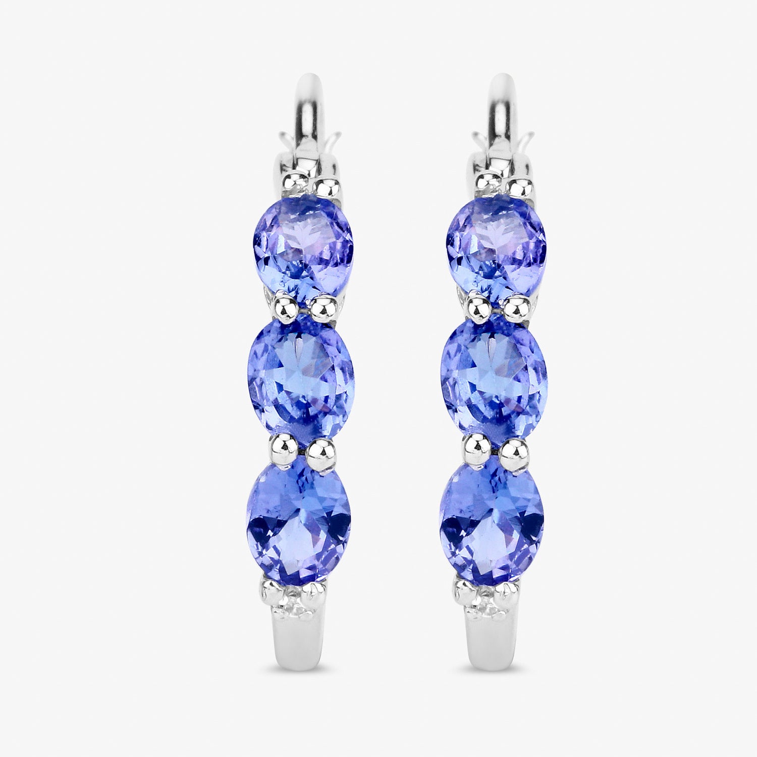 Natural Tanzanite Hoop Earrings With Diamonds 1.97 Carats Sterling Silver