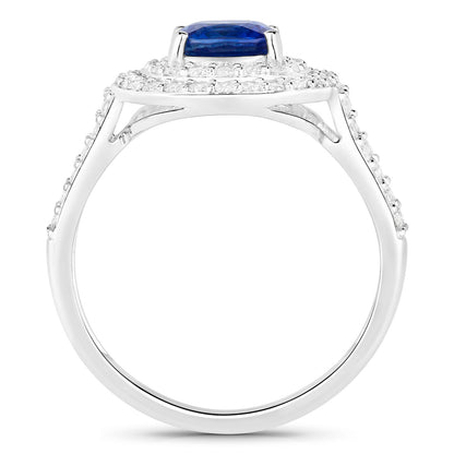 Blue Sapphire Ring With Diamonds 1.96 Carats 18K White Gold