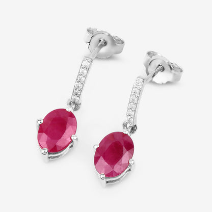 Ruby Dangle Earrings Diamonds 1.74 Carats 10K White Gold