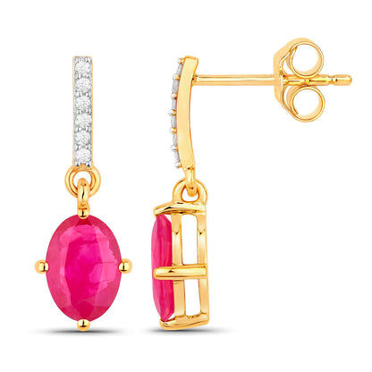 Ruby Dangle Earrings Diamonds 1.7 Carats 14K Yellow Gold