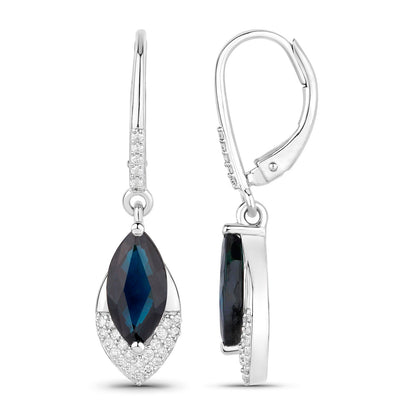 Blue Sapphire Dangle Earrings Diamonds 2.7 Carats 14K White Gold