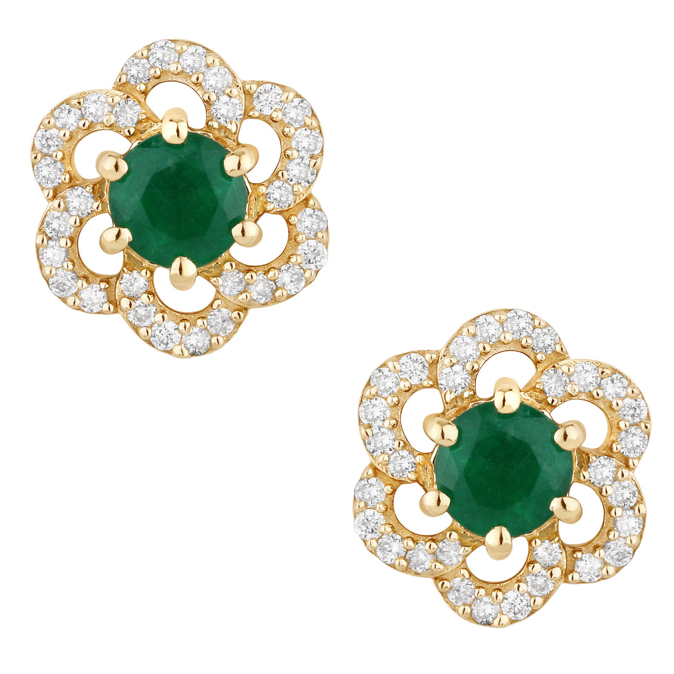 Zambian Emerald Flower Stud Earrings 0.6 Carats 14K Yellow Gold