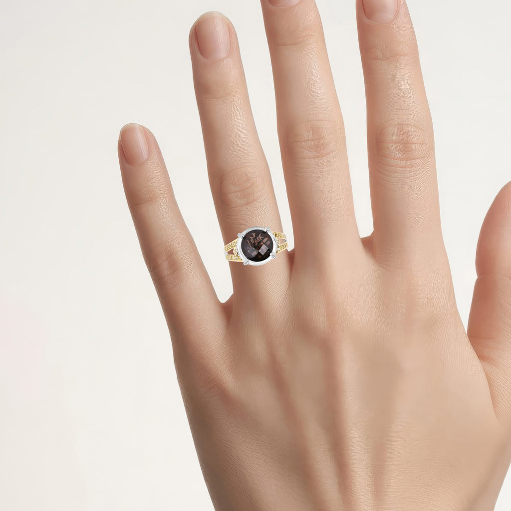 Smoky Quartz Ring With Yellow and White Diamonds 3.24 Carats Sterling Silver