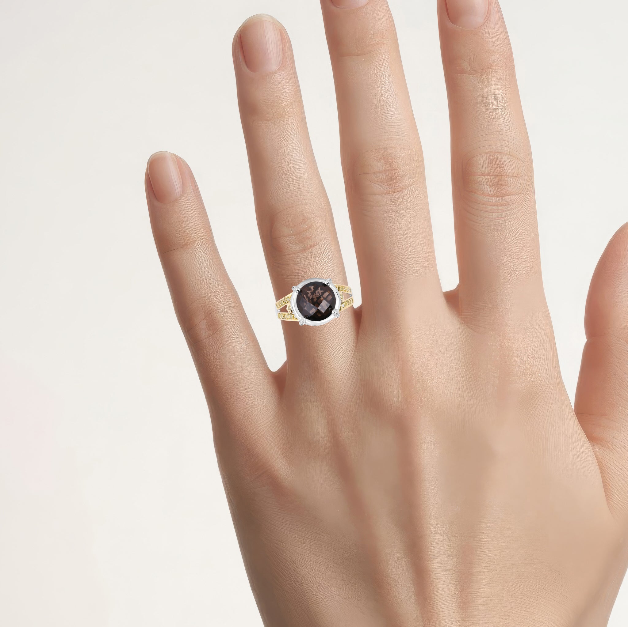 Smoky Quartz Ring With Yellow and White Diamonds 3.24 Carats Sterling Silver