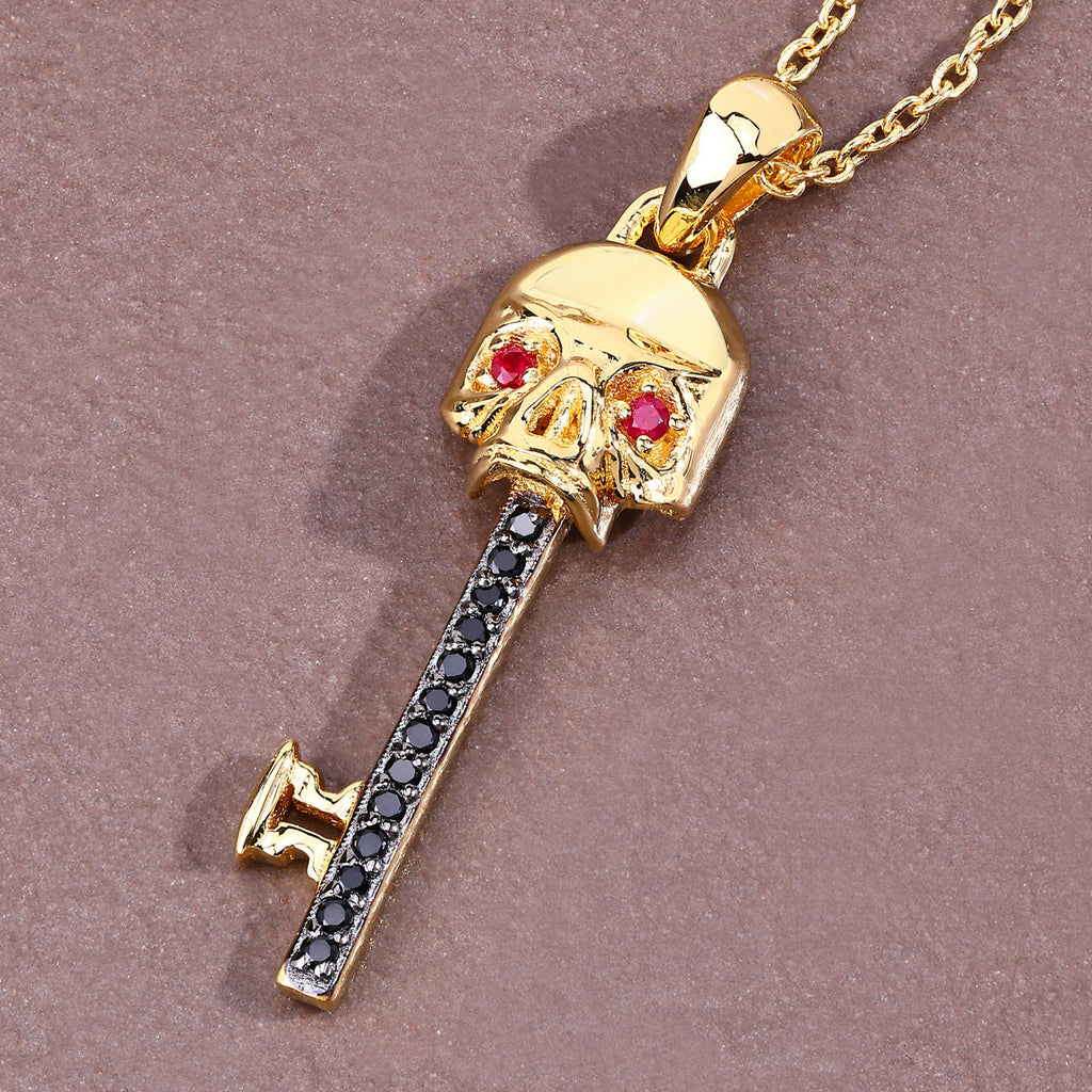 Ruby Skull Key Pendant With Black Spinel 0.1 Carats Gold Plated Silver