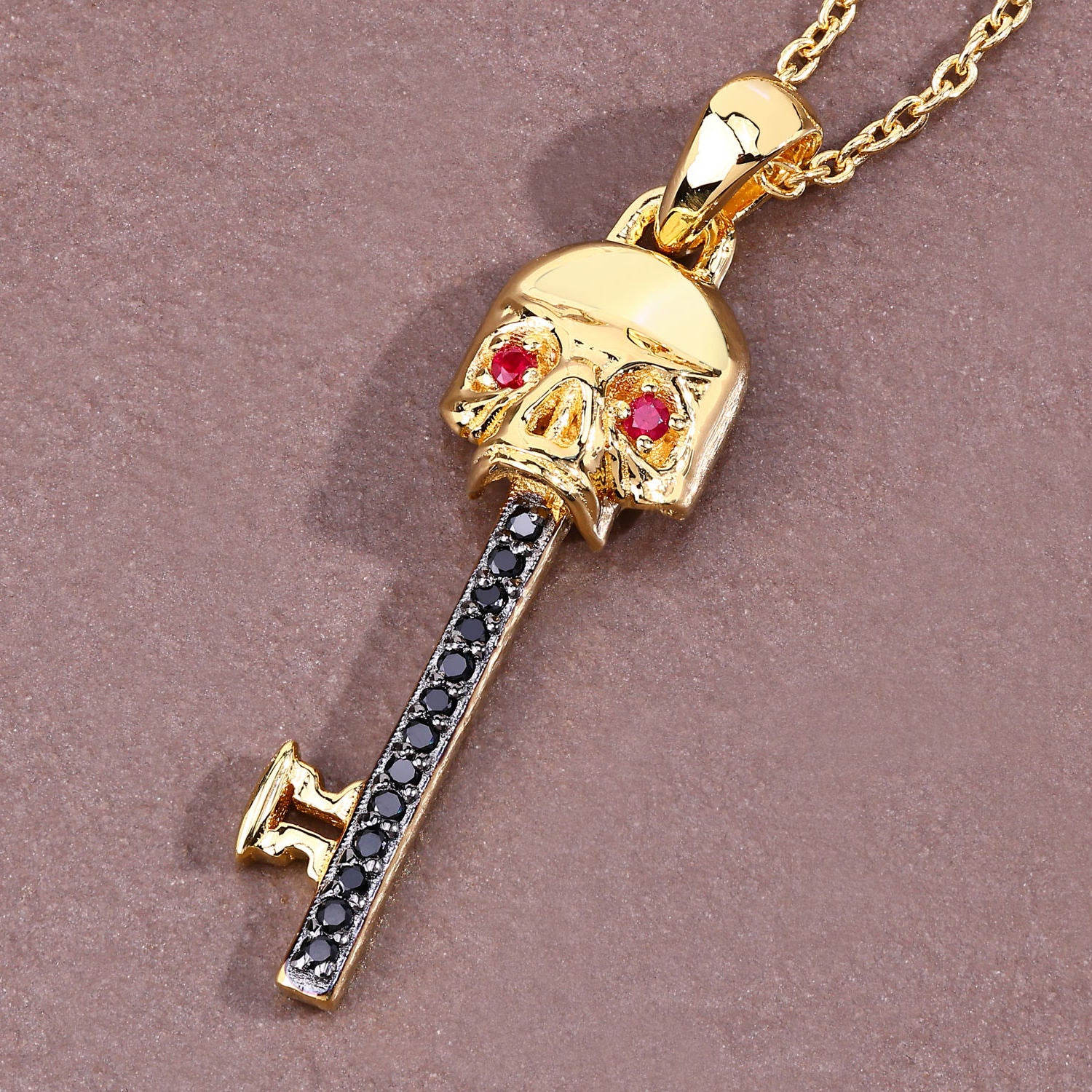 Ruby Skull Key Pendant With Black Spinel 0.1 Carats Gold Plated Silver