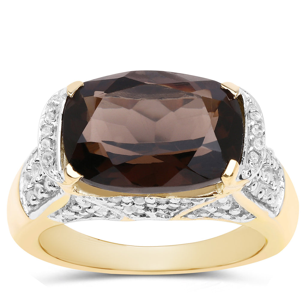 Smoky Quartz Ring With White Topaz 6.62 Carats Gold Plated Silver