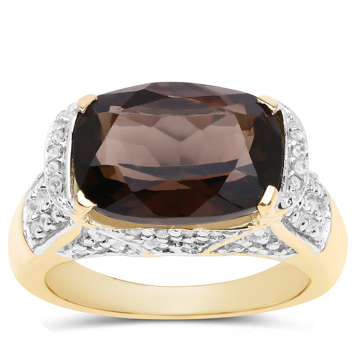 Smoky Quartz Ring With White Topaz 6.62 Carats Gold Plated Silver