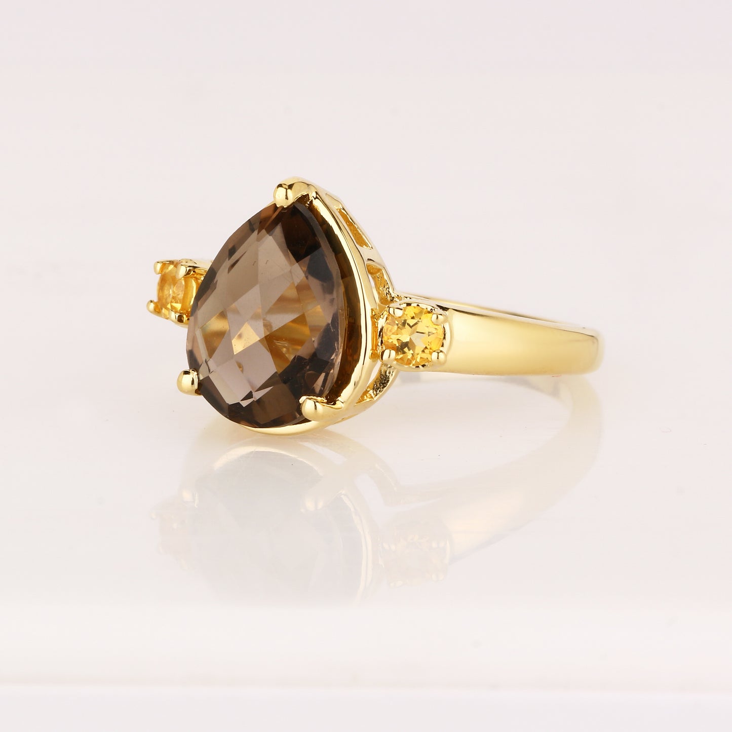 Smoky Quartz Ring With Citrine 3.60 Carats Gold Plated Silver