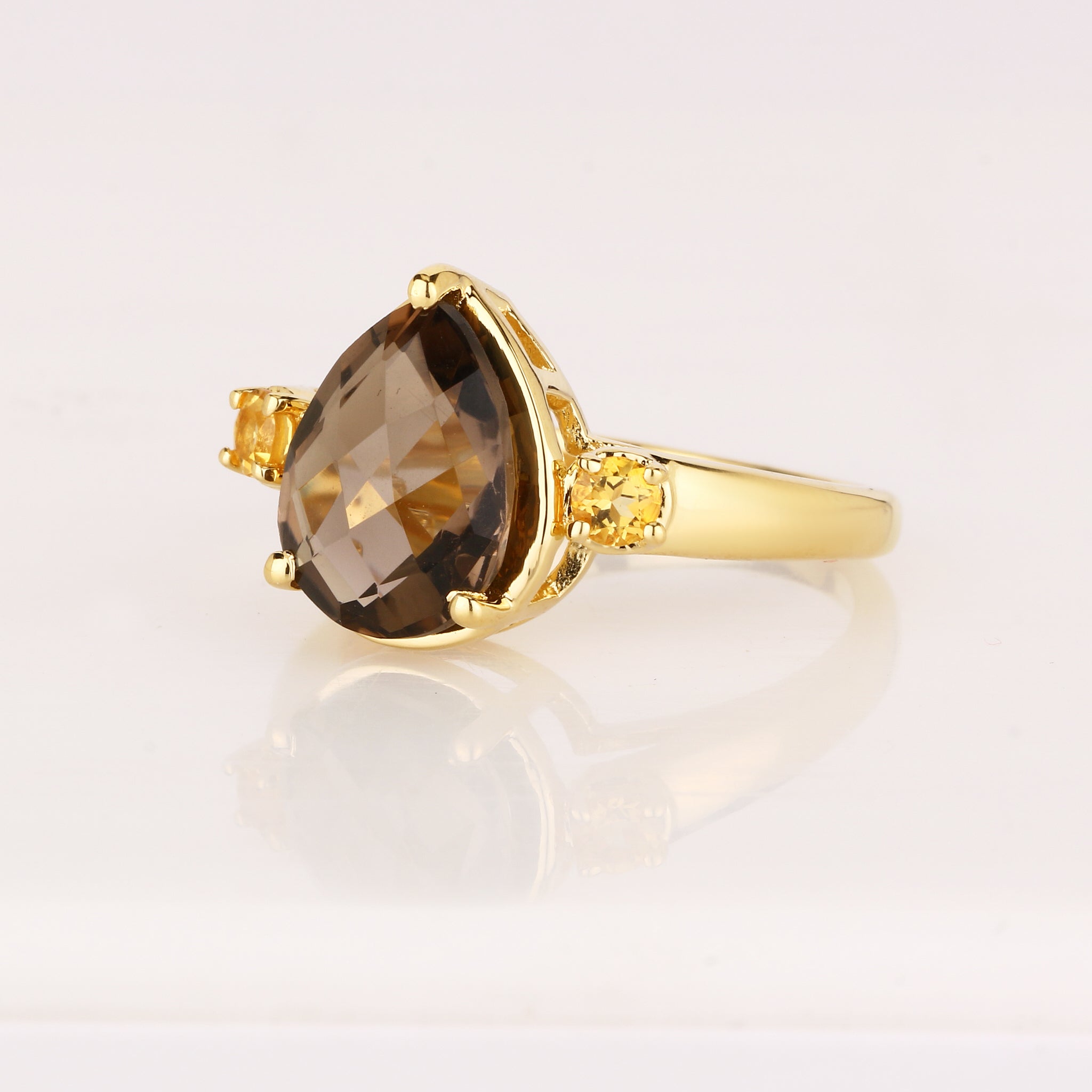 Smoky Quartz Ring With Citrine 3.60 Carats Gold Plated Silver