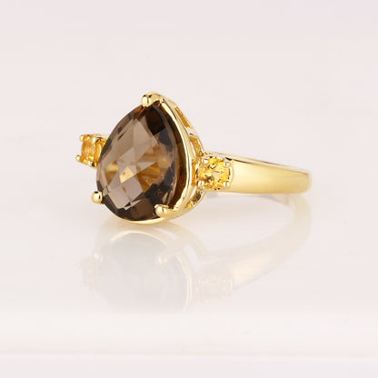 Smoky Quartz Ring With Citrine 3.60 Carats Gold Plated Silver