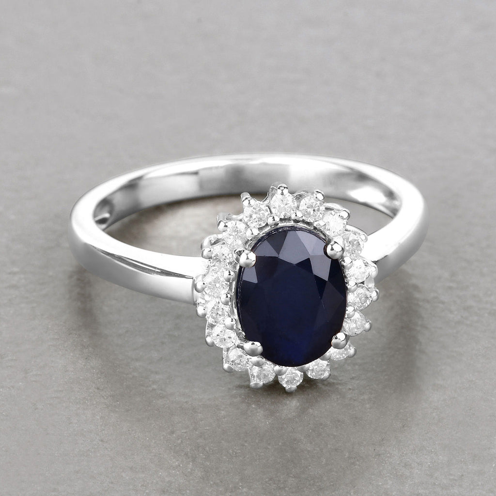 Blue Sapphire Ring With Diamonds 1.7 Carats 14K White Gold