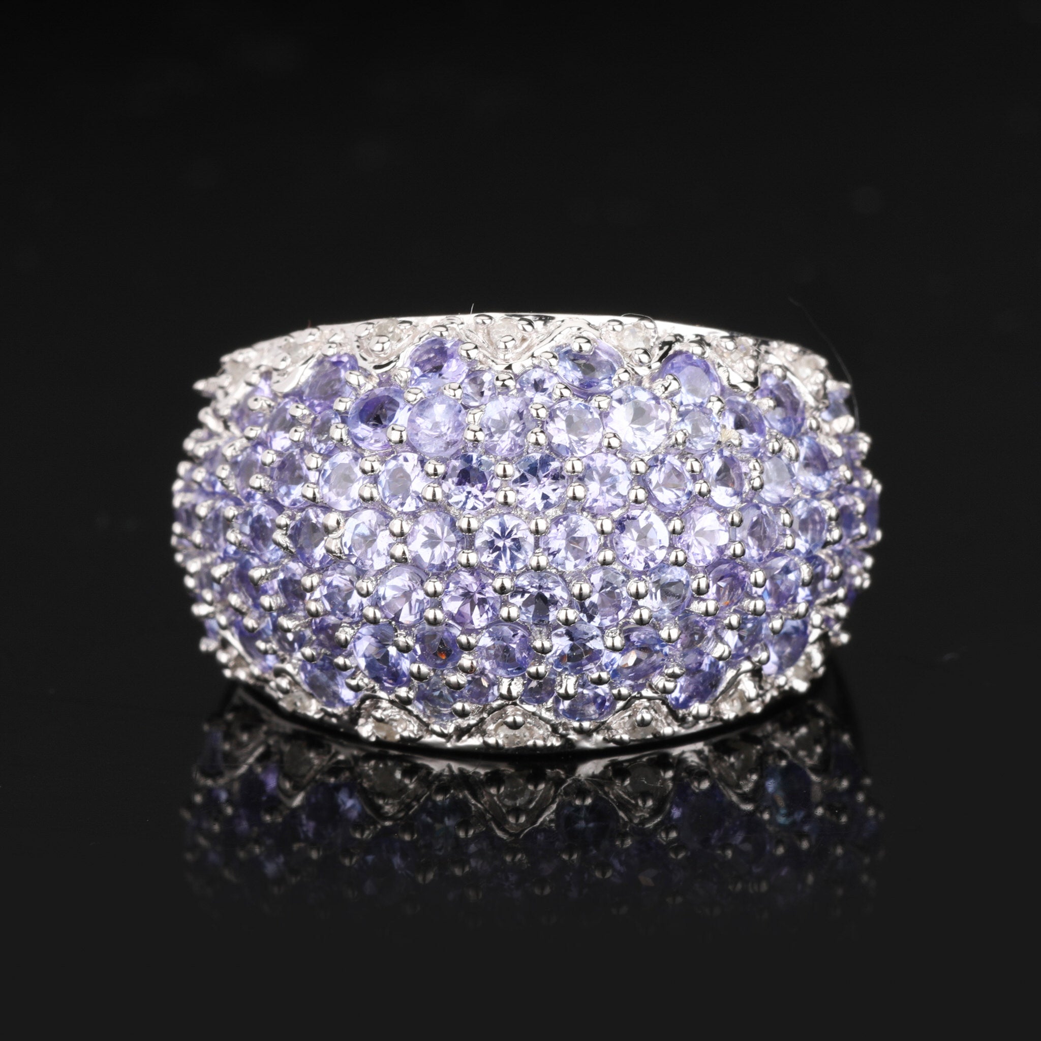 Natural Tanzanite Cluster Ring With Diamonds 3.01 Carats Sterling Silver