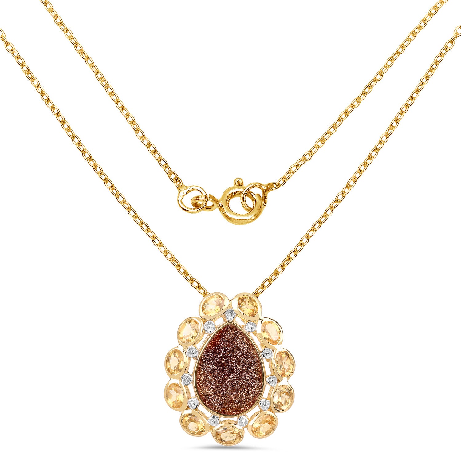 Drusy Quartz Pendant With Citrine 5.1 Carats Gold Plated Silver
