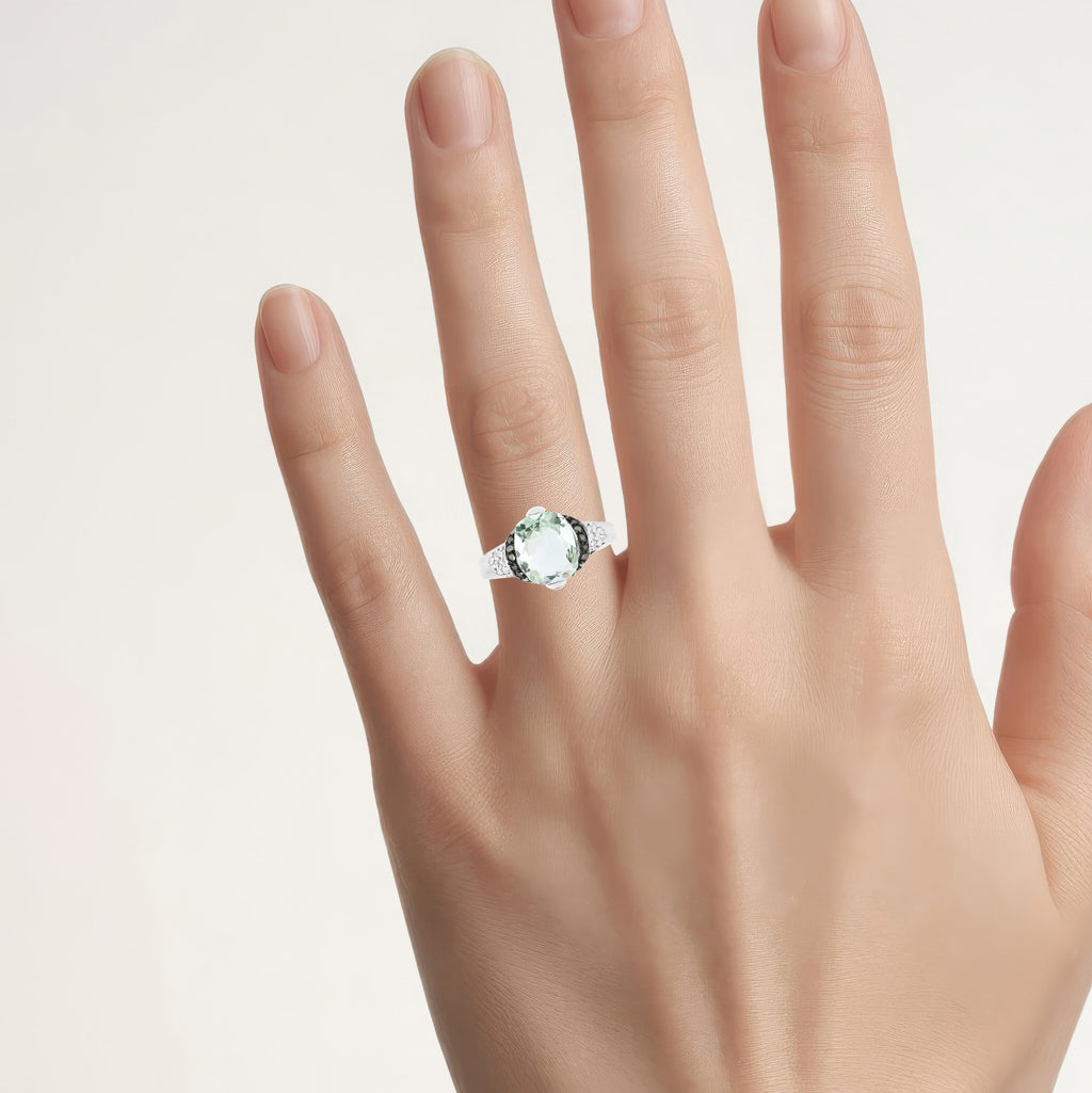 Green Amethyst Ring With Multicolor Diamonds 2.88 Carats Sterling Silver