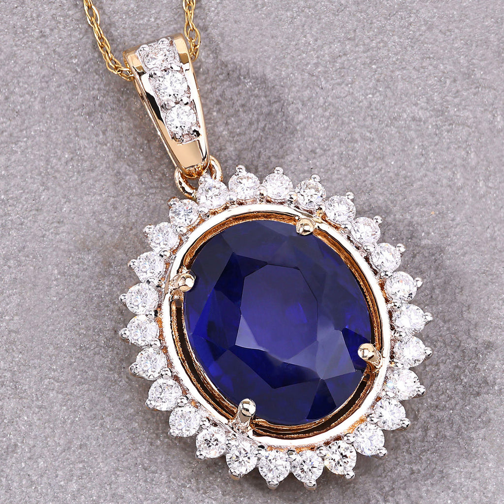 Blue Sapphire Pendant With Diamonds 4.1 Carats 18K Yellow Gold