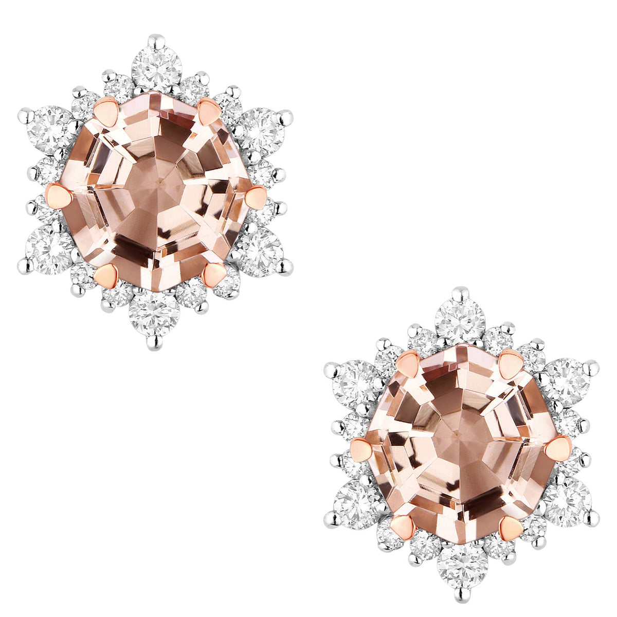 Morganite Stud Earrings With Diamonds 1.3 Carats 14K Rose Gold