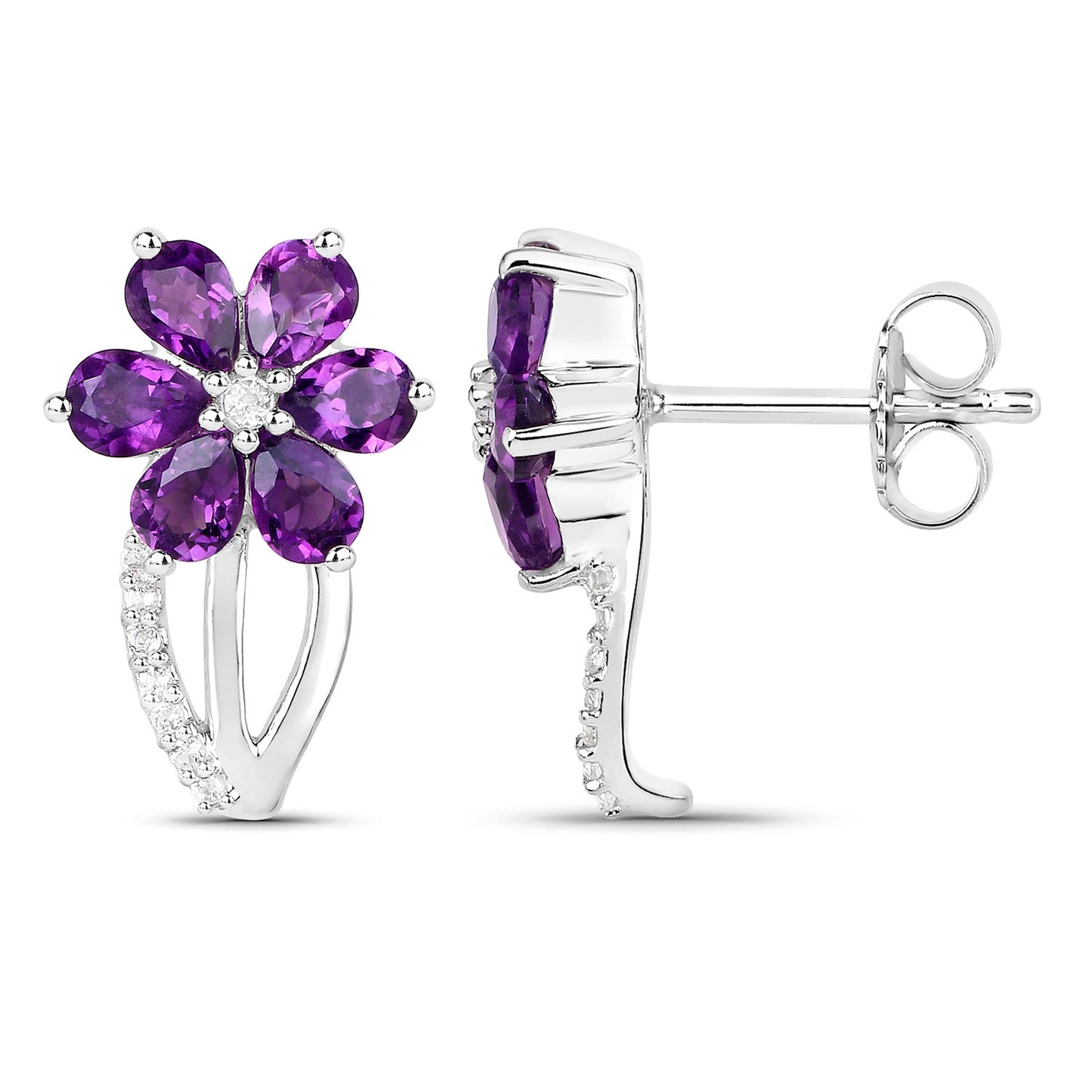 Amethyst Flower Earrings With White Topaz 1.86 Carats Sterling Silver