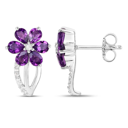 Amethyst Flower Earrings With White Topaz 1.86 Carats Sterling Silver