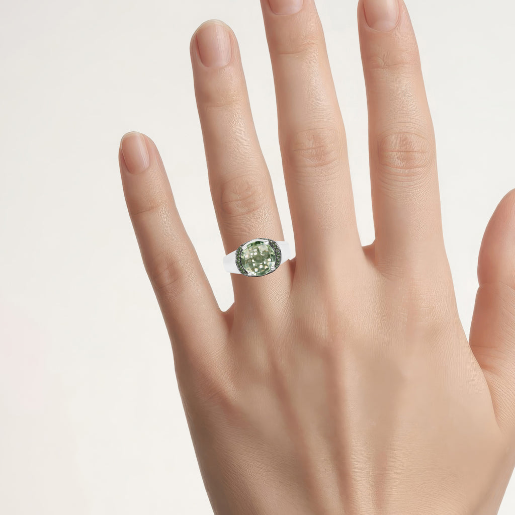 Green Amethyst Ring With Green Diamonds 3.92 Carats Sterling Silver