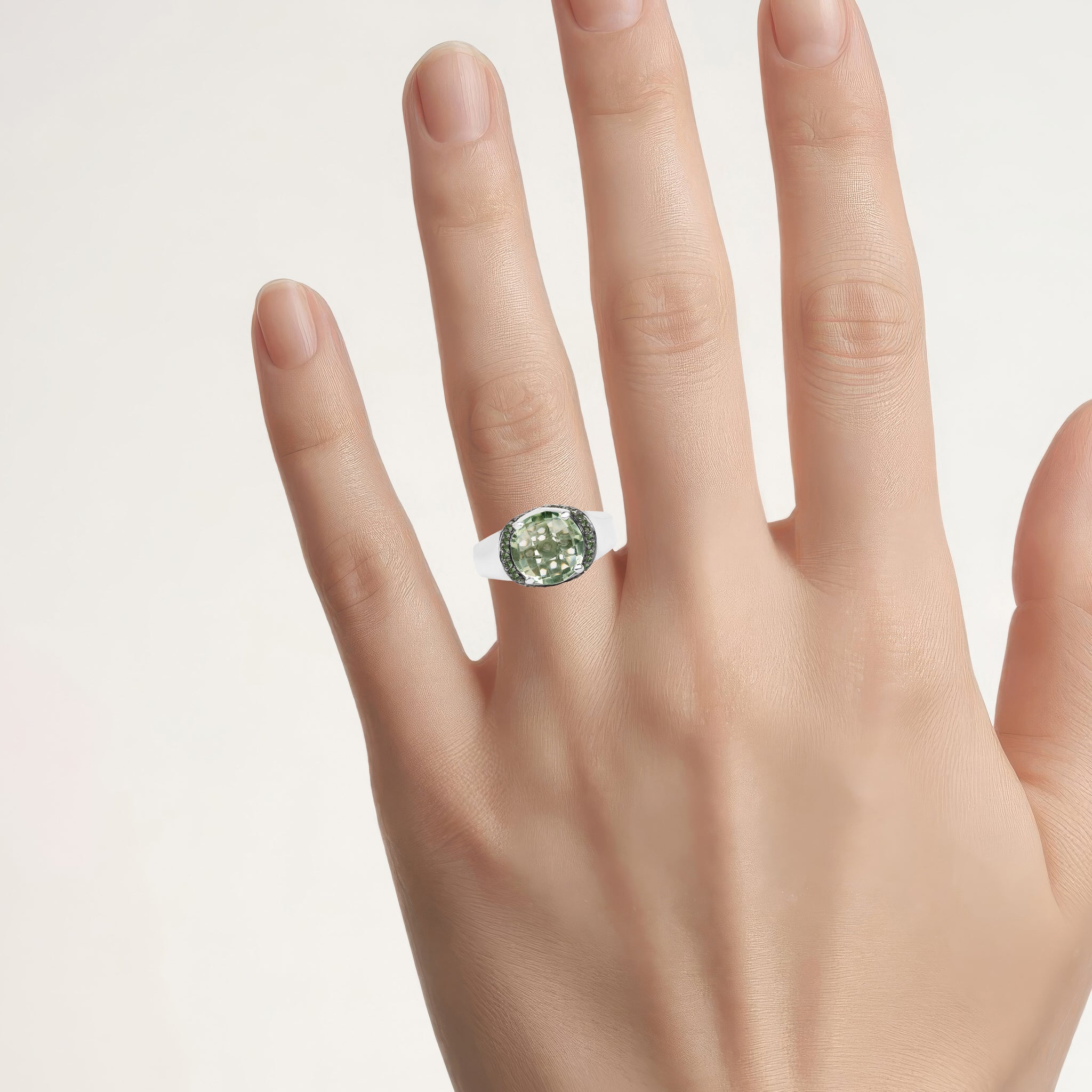 Green Amethyst Ring With Green Diamonds 3.92 Carats Sterling Silver