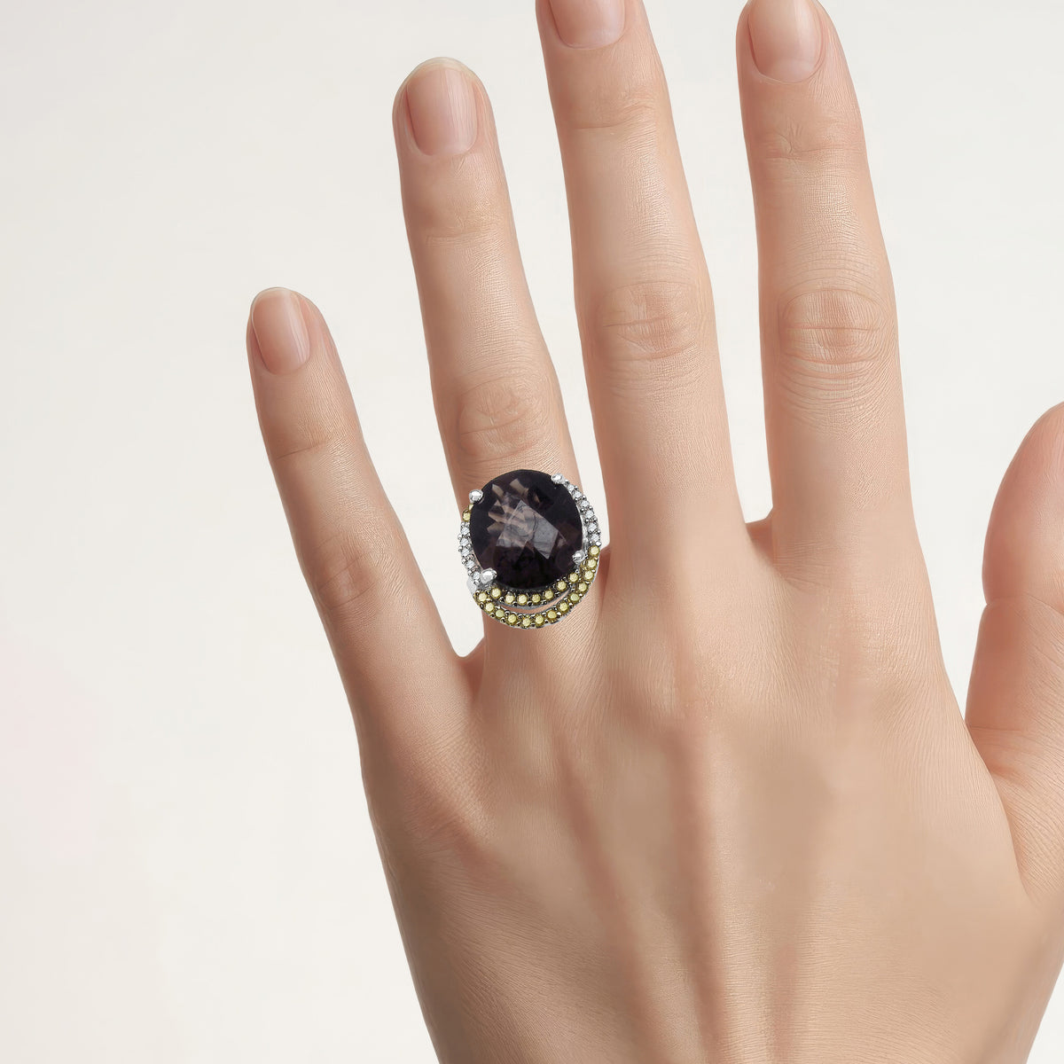 Smoky Quartz Ring With Yellow Diamonds 4.36 Carats Sterling Silver