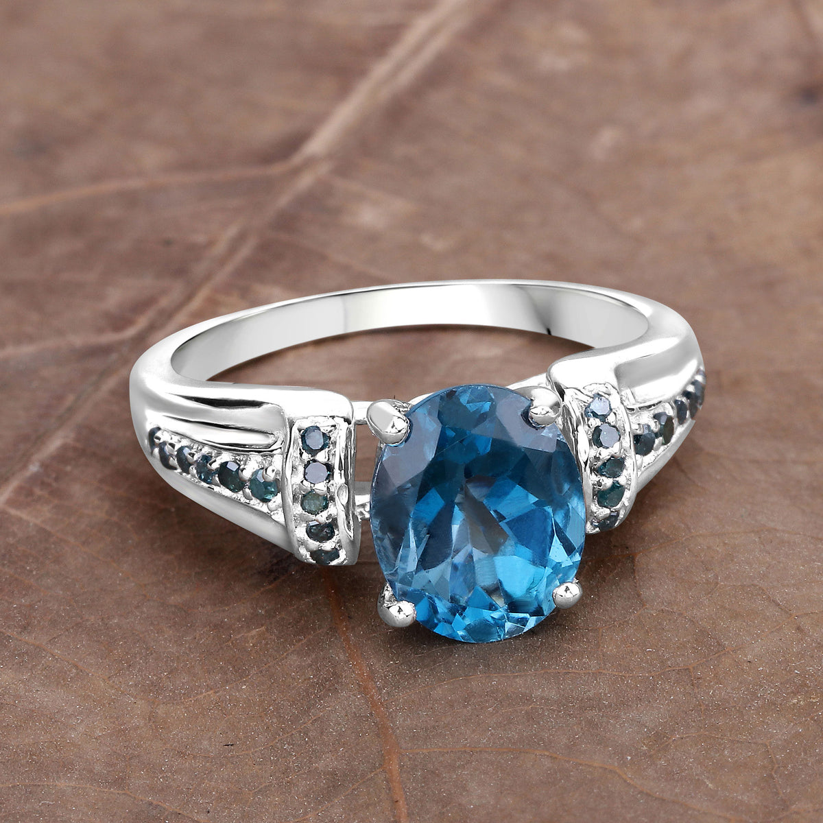 London Blue Topaz Ring With Blue Diamonds 2.68 Carats Sterling Silver