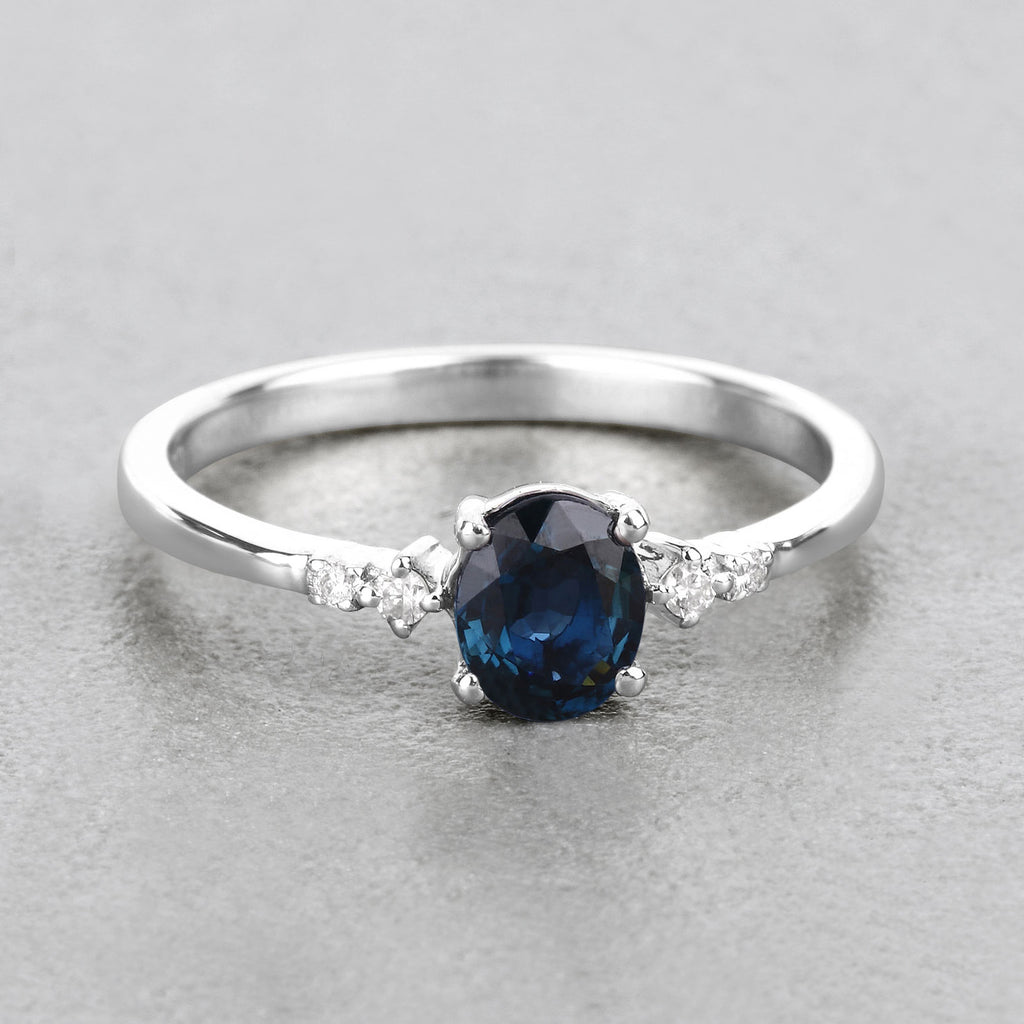 Blue Sapphire Ring With Diamonds 0.81 Carats 14K White Gold