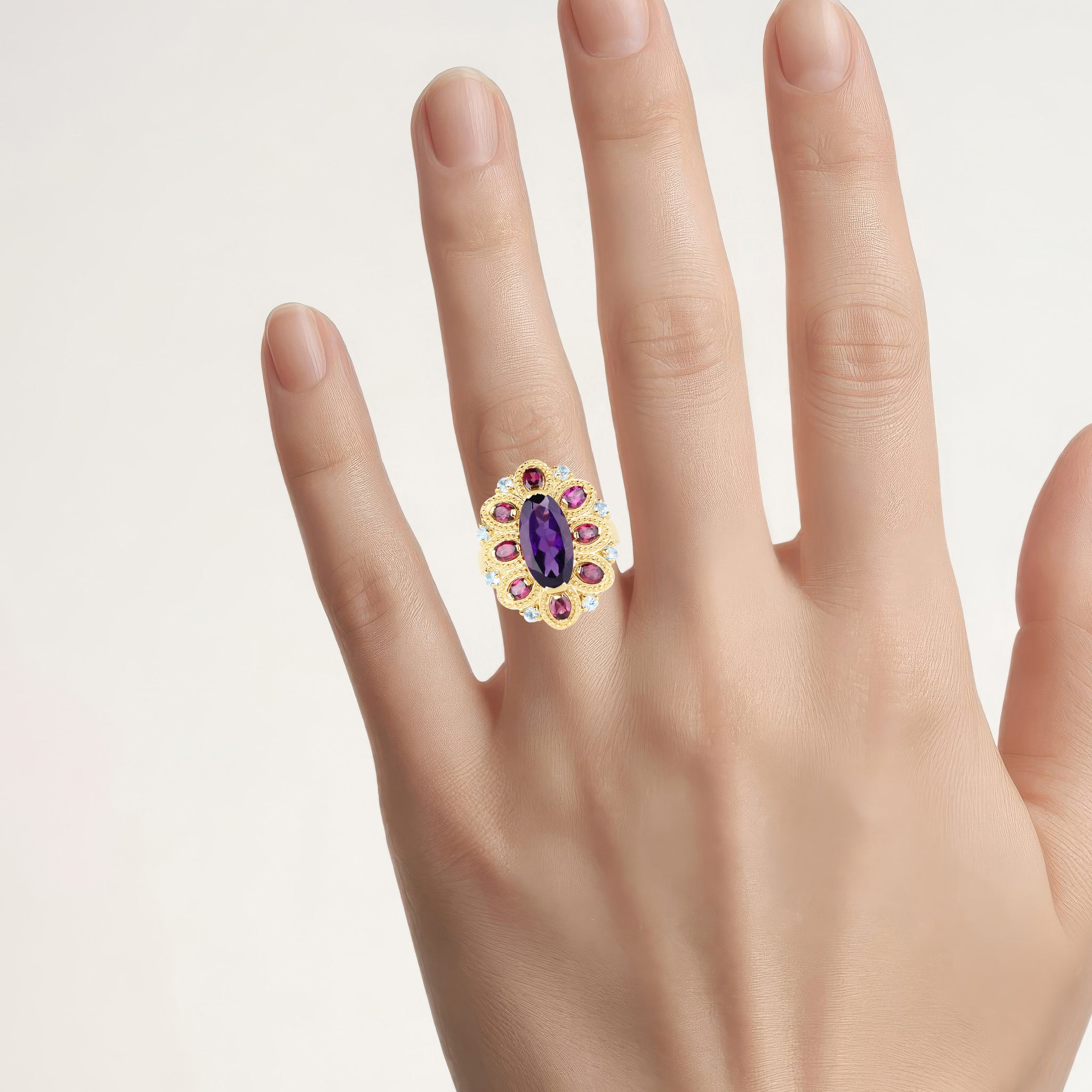 Amethyst Flower Ring With Rhodolite Garnet 6.76 Carats Gold Plated Silver