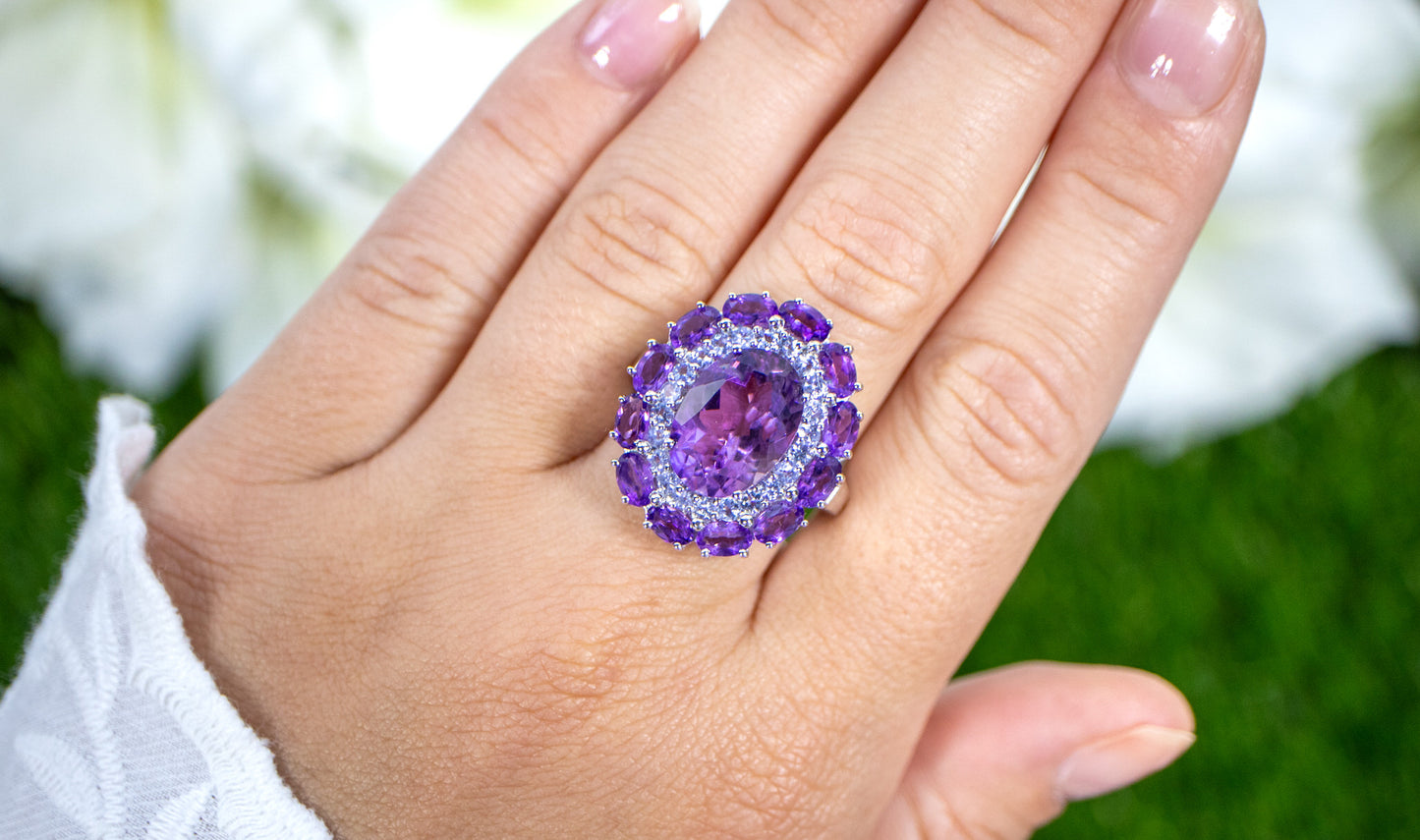 Amethyst Cocktail Ring Tanzanite Halo 7.8 Carats