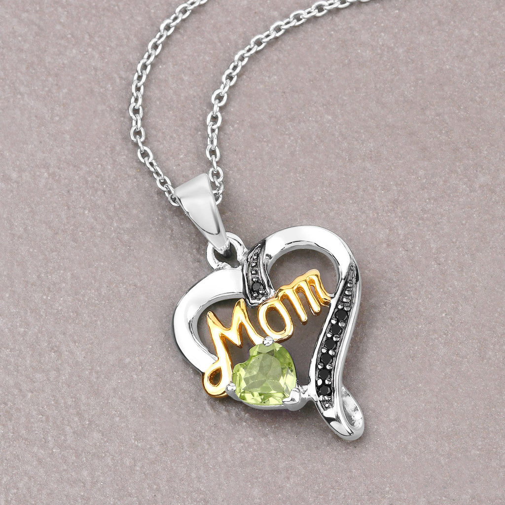Peridot Mom Heart Pendant With Black Spinel 0.46 Carats Gold Plated Silver