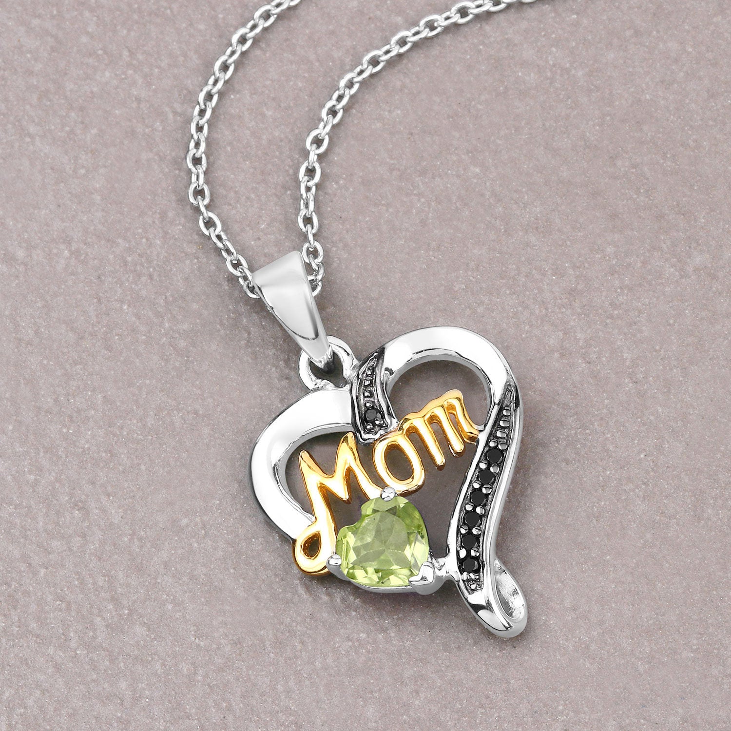 Peridot Mom Heart Pendant With Black Spinel 0.46 Carats Gold Plated Silver