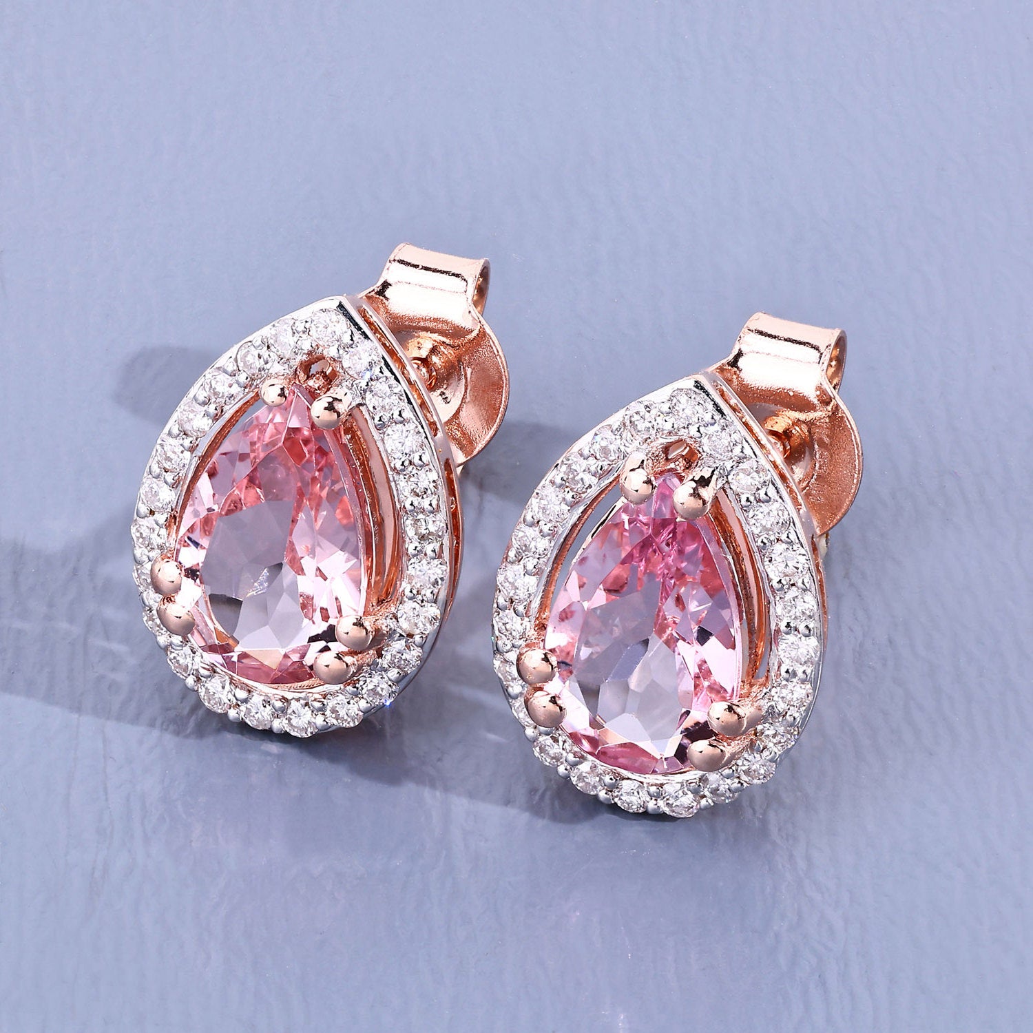 Morganite Stud Earrings With Diamonds 1.52 Carats 14K Rose Gold