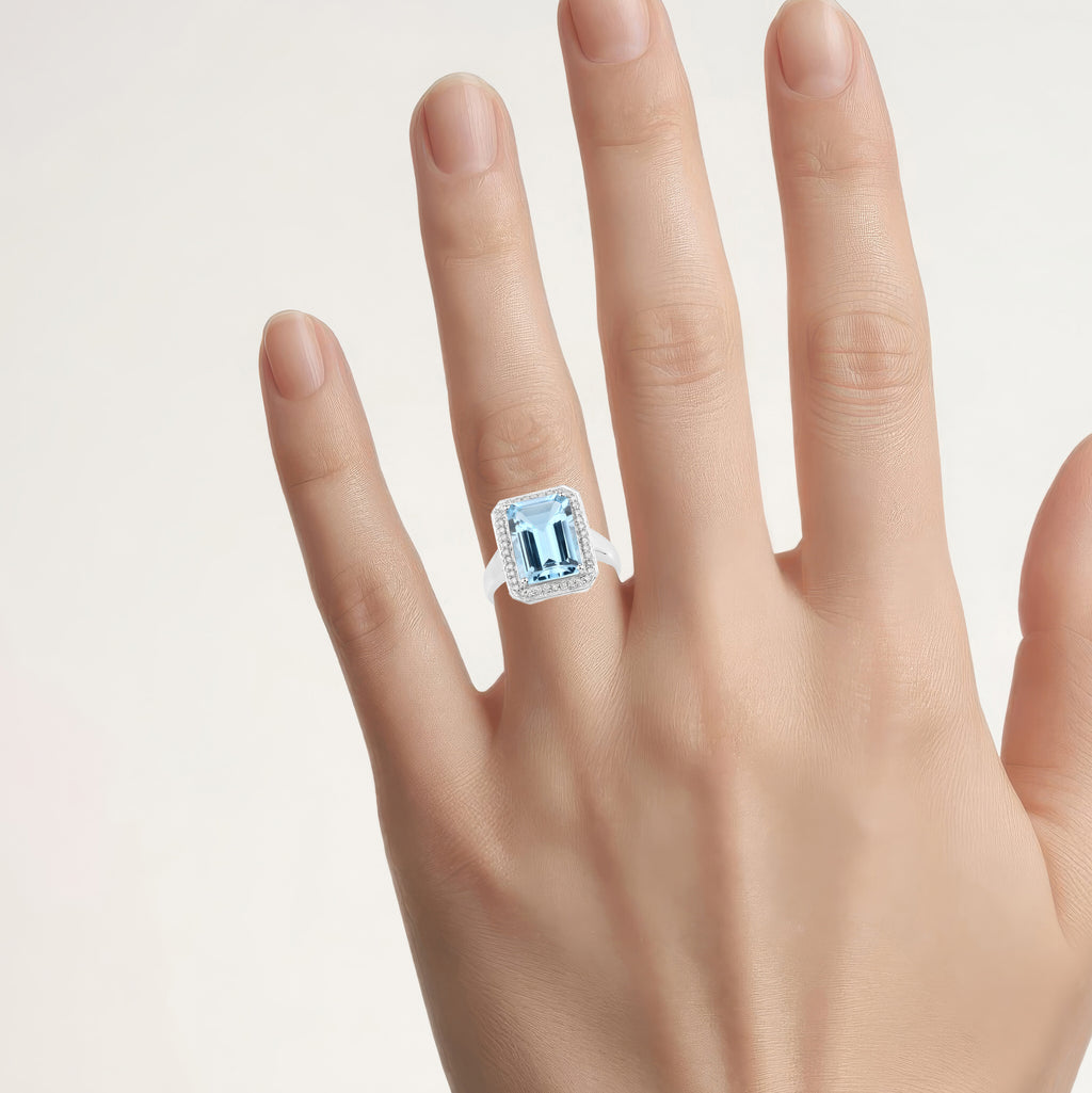 Blue Topaz Ring With Diamonds 5.78 Carats Sterling Silver