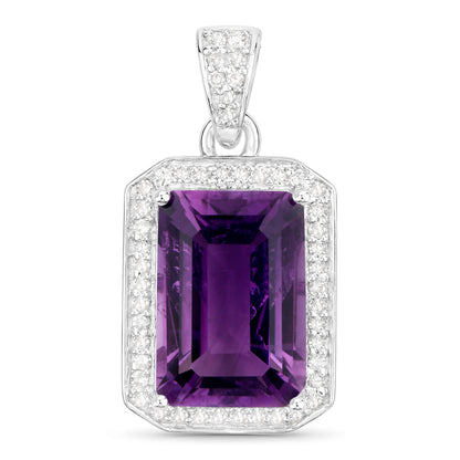 Amethyst Pendant Necklace Diamond Halo 5.34 Carats Sterling Silver