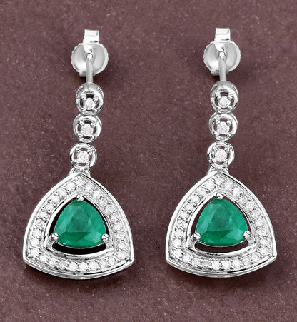 Natural Emerald Earrings With Diamonds 1.34 Carats 14K White Gold