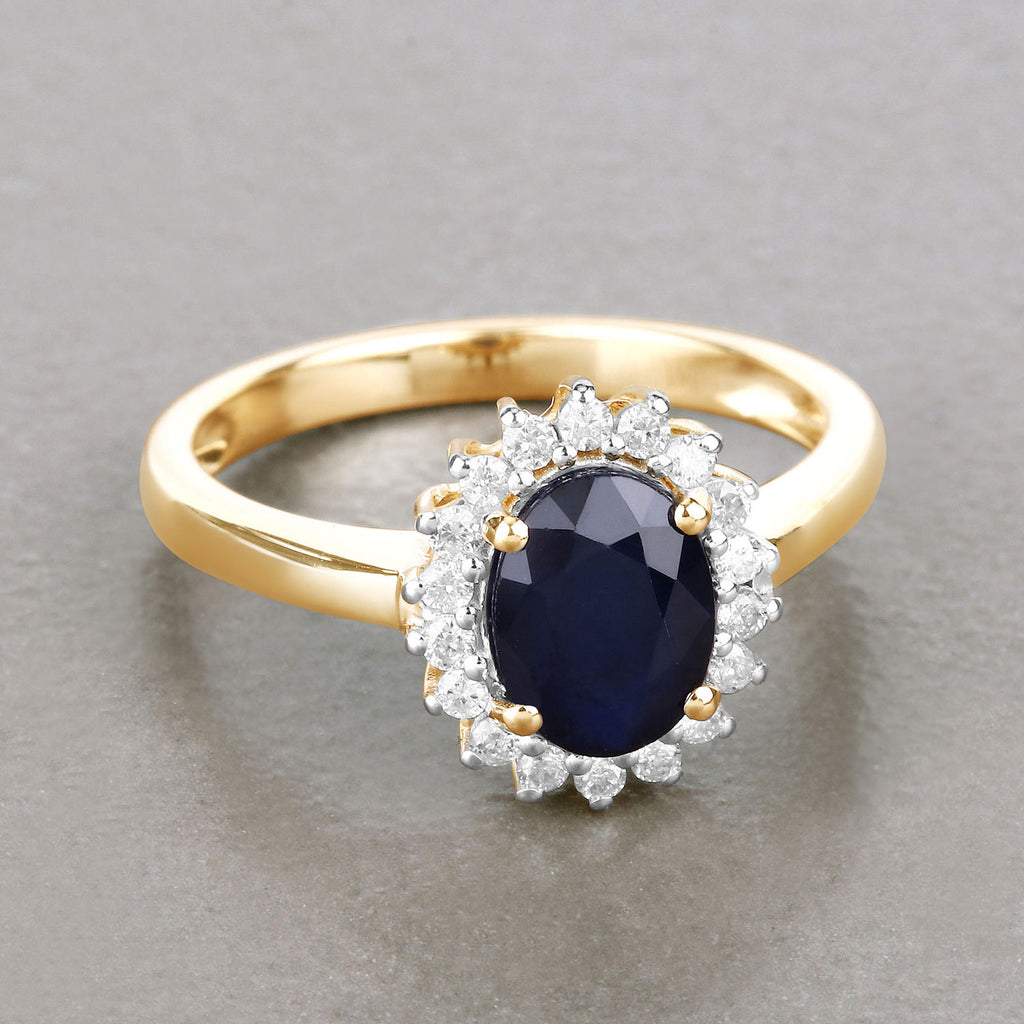 Blue Sapphire Ring With Diamonds 1.7 Carats 14K Yellow Gold