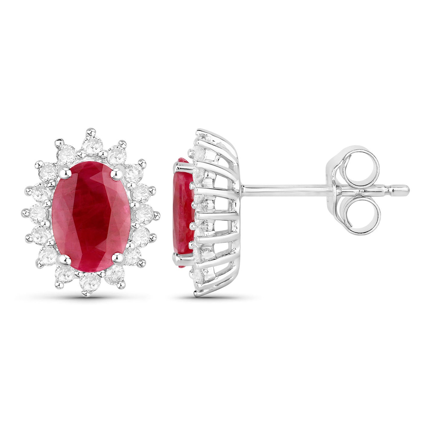 Ruby Earrings Halo Diamonds 2 Carats 14K White Gold