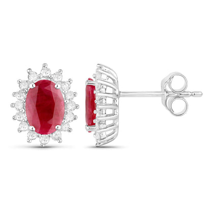 Ruby Earrings Halo Diamonds 2 Carats 14K White Gold