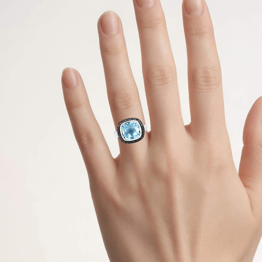 Swiss Blue Topaz Ring With Black Diamonds 5.2 Carats Sterling Silver